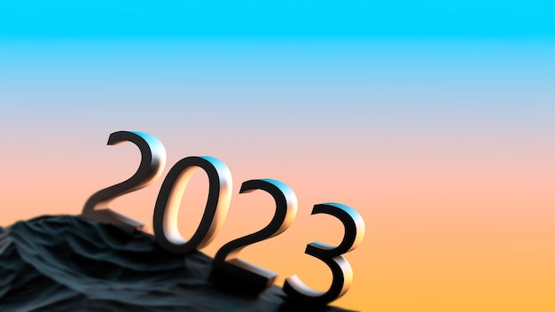 Concept 2023 reisjaar Kalenderjaar abstract 2023 banner Metallic 2023 met een helling op de berg tegen de achtergrond van de ochtendavondhemel met onscherpte