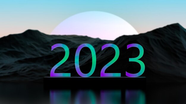 Foto concetto 2023 anno calendario anno astratto 2023 banner incandescente 2023 futuristico scifi neon greenpurple contro un nero scuro montagna e pianeta 3d render