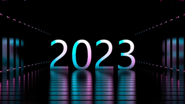 Concetto 2023 anno calendario anno astratto 2023 banner pinkblue neon incandescente in una stanza buia con riflessi dai pavimenti 3d render
