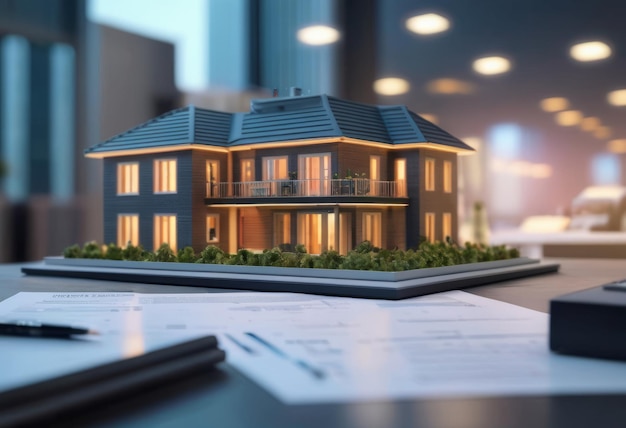 Concept 3d render miniatuur model maquette van een kleine wolkenkrabber gebouw op tafel in een vastgoedbureau ondertekening van een hypotheekcontract document dat futuristische zaken toont