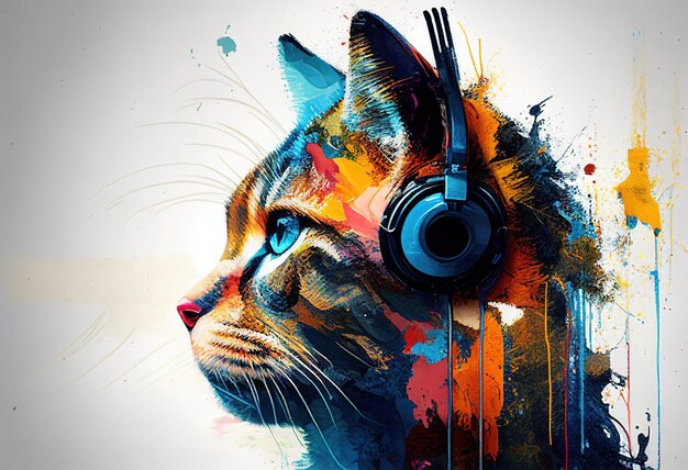 The concept of abstract painting Colorful art of a cat wearing headphones illustration Ai generative