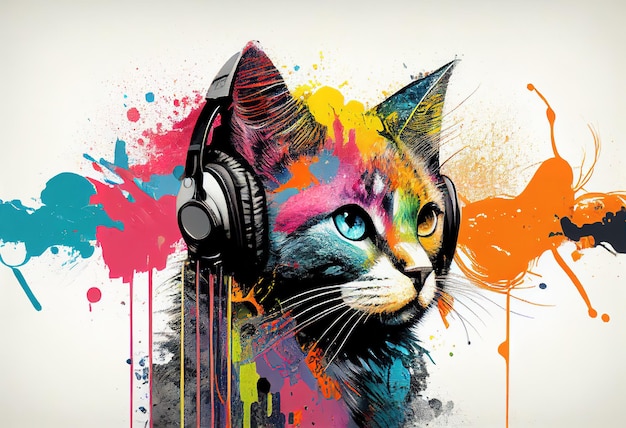 The concept of abstract painting Colorful art of a cat wearing headphones illustration Ai generative