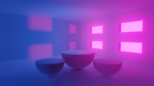 Concept abstract, spacious hall with light pink, purple and blue empty and four windows with Spherical cut in half podium product stand show - 3d rendering.