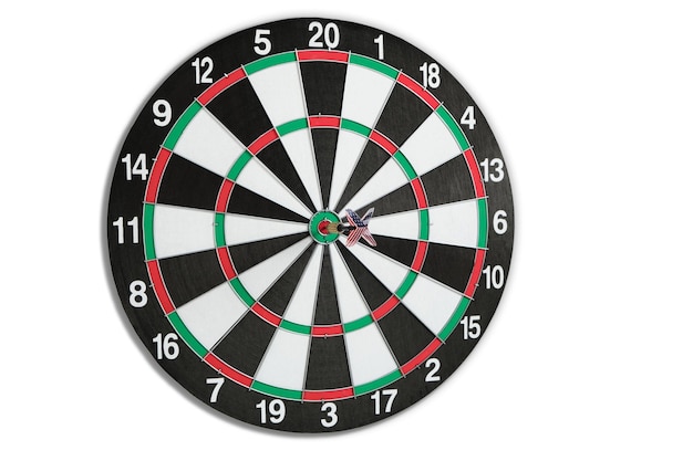 Concept achieving goal.Achieving goals in business, politics and life.Dartboard with darts painted with American flag stuck right into target.