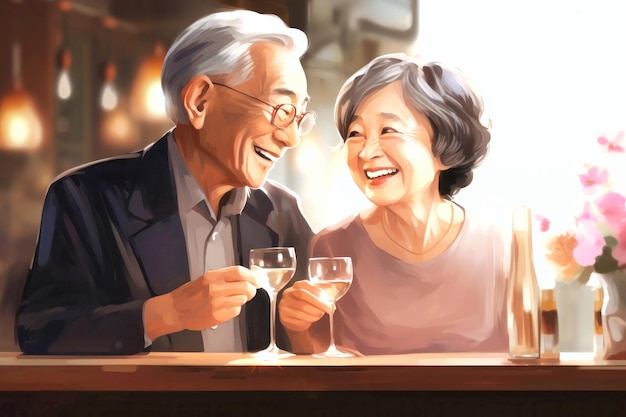 アクティブ・ソーシャル・ライフスタイルのコンセプト アジアの高齢カップルがバーやレストランでアルコール飲み物を飲み 恋人がバーでハッピーアワーを楽しんでいます