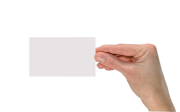 Concept of advertising. Hand holding a white card. Isolated on white