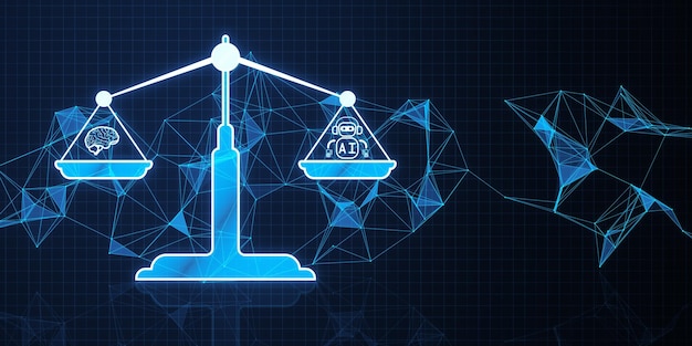 Concept of AI law artificial intelligence regulations in futuristic glowing low polygonal style with brain and scale symbols on dark blue background 3D Rendering
