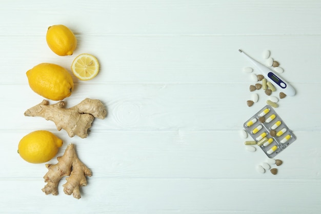 Concept of alternative cold treatment on white wooden table