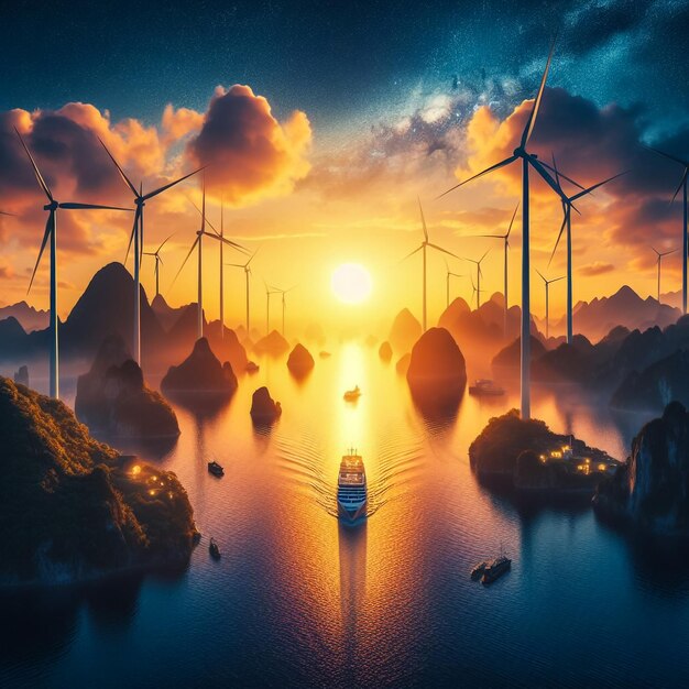 Photo concept of alternative electricity power with windmills on sunset background