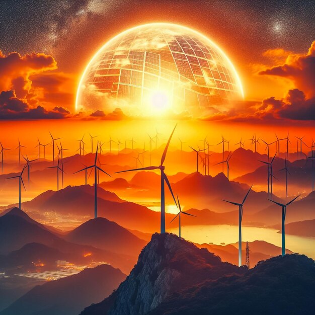 Concept of alternative electricity power with windmills on sunset background