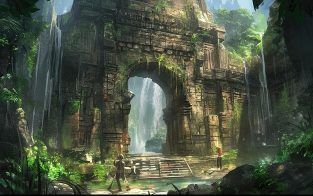 concept art of an ancient temple entrance in the jungle with waterfalls and lush greenery surroundi