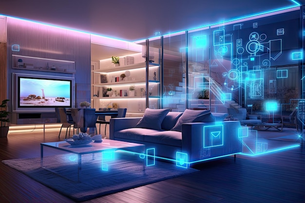 디지털 홀로그래픽 인공지능 (AI) 의 개념 예술은 집과 집 안의 스마트 기술입니다.