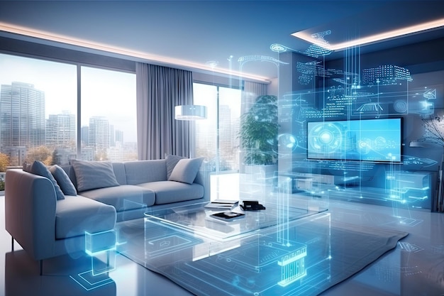 A concept art of a digital holographic artificial intelligence ai smart technology in a house and a