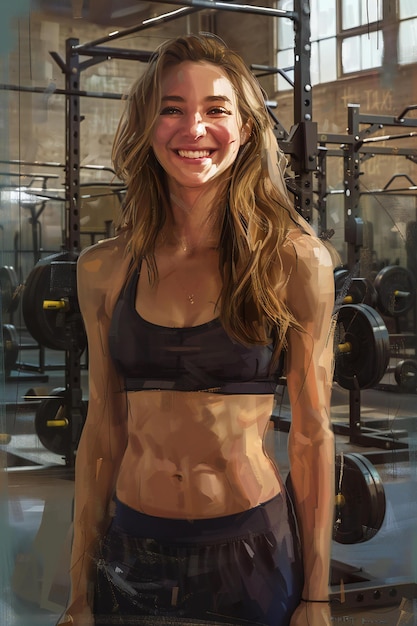concept art digital painting of a fitnessish caucasian woman with light brown long hair smiling sta