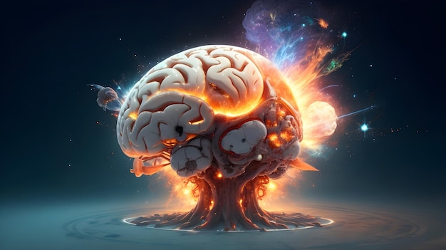Концепция искусства человеческого мозга, взрывающегося знаниями и творчеством.
