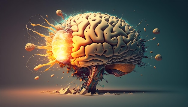 Концепт-арт человеческого мозга, взрывающегося знаниями и творчеством, генерирующим искусственный интеллект
