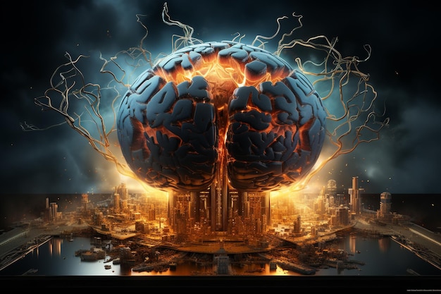 Photo concept art of a human colorful brain exploding with knowledgeemotins and bursting with creativity