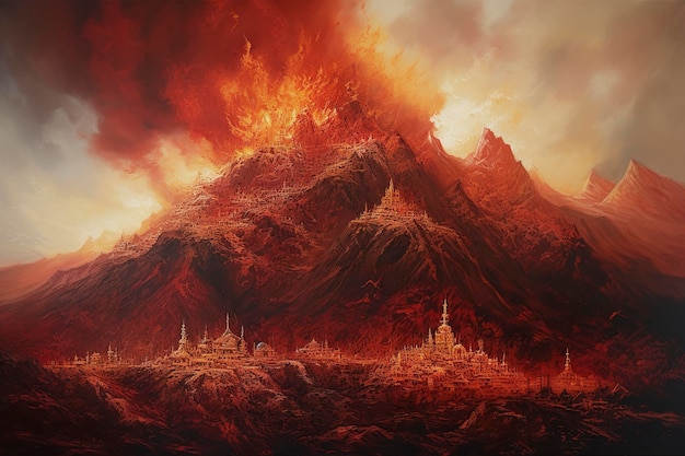 Concept art illustratie van Mordor land Mount Doom vulkaan in Mordor Mordor Land of Dark Evil Fantasy Landscape Illustratie van Lord of the Rings Generative AI