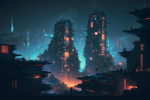 Concept art illustration of an Asian cyber city of the future