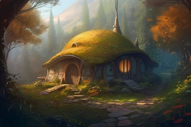 Concept art illustration of hobbit house generate ai