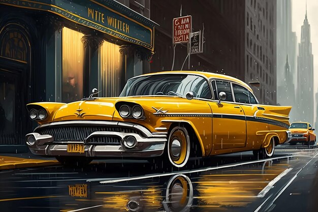 Concept art illustration of a yellow retro car on the city streets