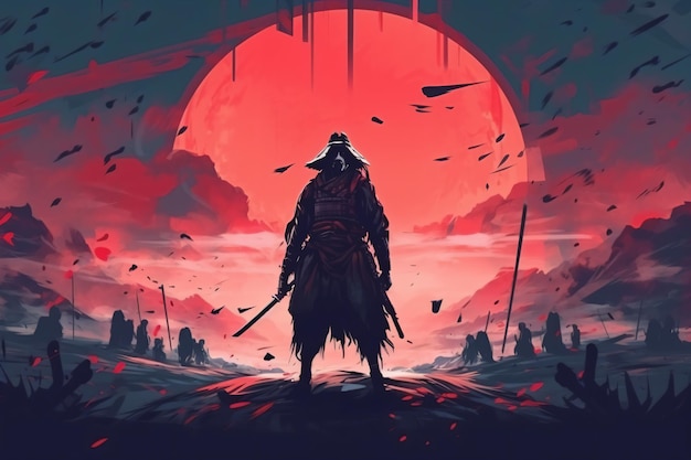 a concept art of a man in a samurai outfit standing in front of a red sun