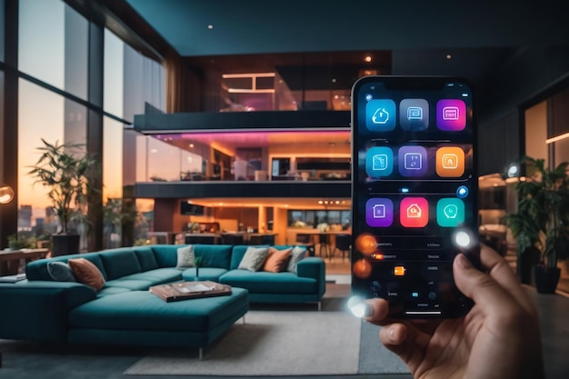 사진 집에서 인공지능의 개념 예술 홀로그래픽 스마트 기술 현대적인 거실 디자인 가상 현실