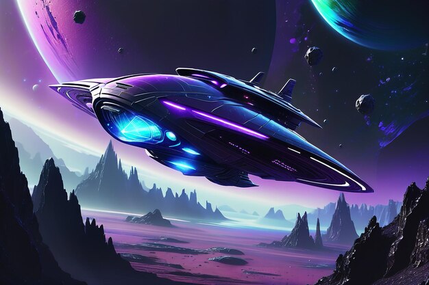 Concept art of a spaceship flying over a futuristic city