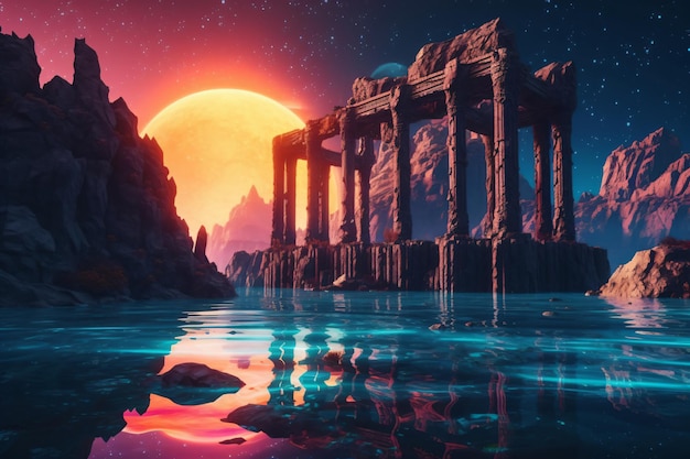 湖と寺院のある夕日のシーンのコンセプト アート