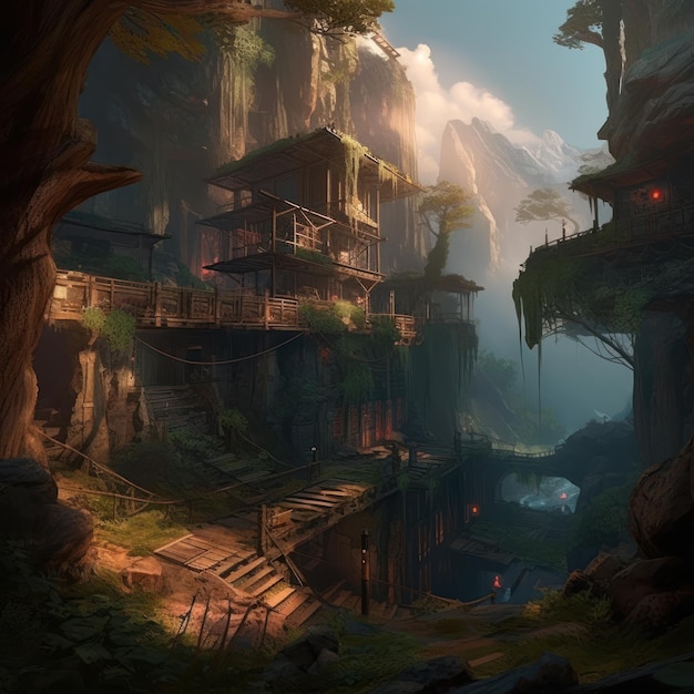 A concept art for a temple in a mountain