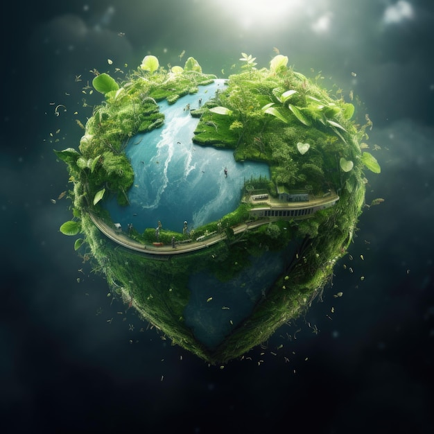 Concept art on the theme of environmental protection with a heartshaped earth in green colors