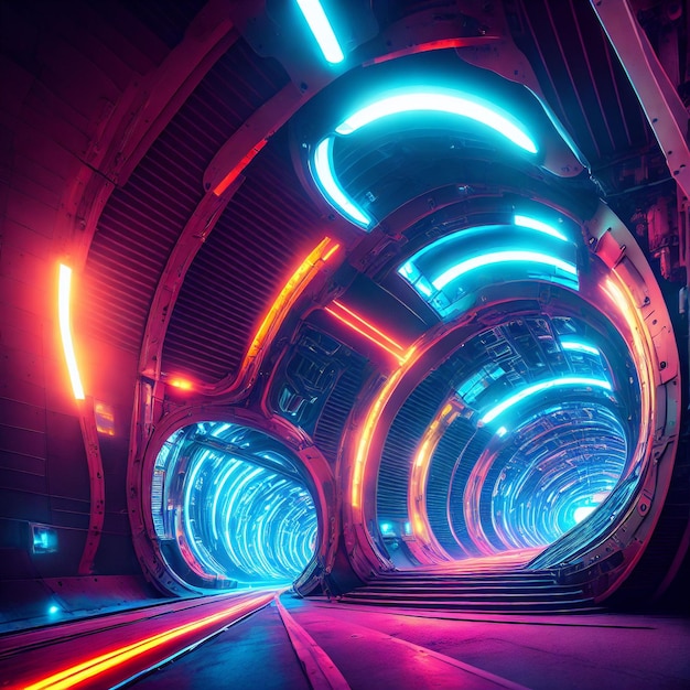 Concept art of underground tunnel in neon future city generative art by AI