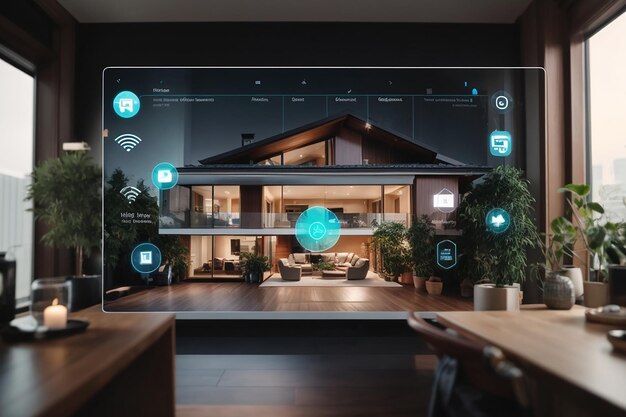 Foto concept art van ai in een huis holografische slimme technologie modern woonkamerontwerp virtuele werkelijkheid