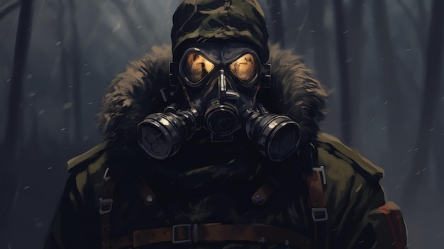 Concept art van een sterk leger dat een gasmasker draagt Generatieve AI