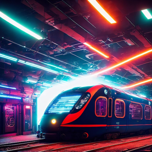 Concept art van ondergrondse treintunnel in generatieve kunst van neon toekomstige stad door AI