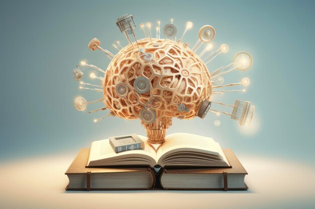 Photo concept artificial brain receives knowledge from a book