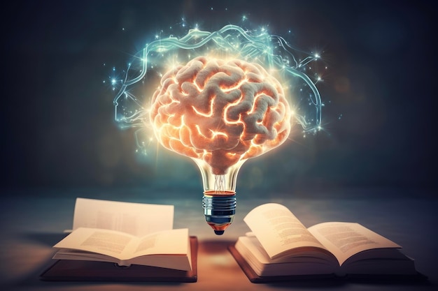 Photo concept artificial brain receives knowledge from a book