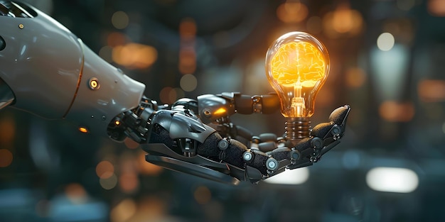 Foto il concetto di intelligenza artificiale raffigurato con mani robot, dati cerebrali e una lampadina luminosa, concetto di ia, esplorazione, personificazione robotica, concetti tecnologici, immagini futuristiche.
