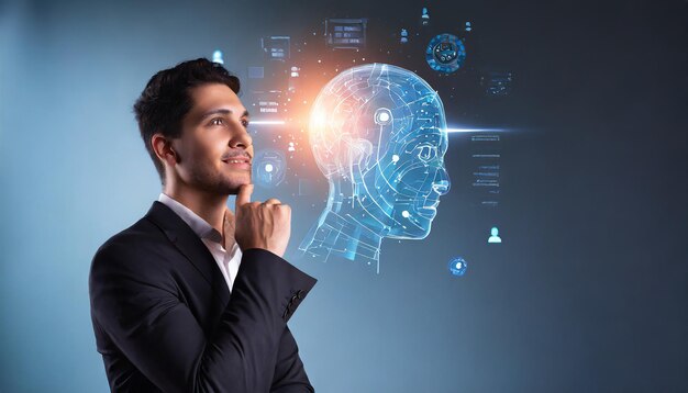 Photo concept of artificial intelligence and realization the man is interested