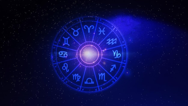 Concept of astrology and horoscope person inside a zodiac sign wheel Astrological zodiac signs inside of horoscope circle Astrology knowledge of stars in the sky power of the universe concept