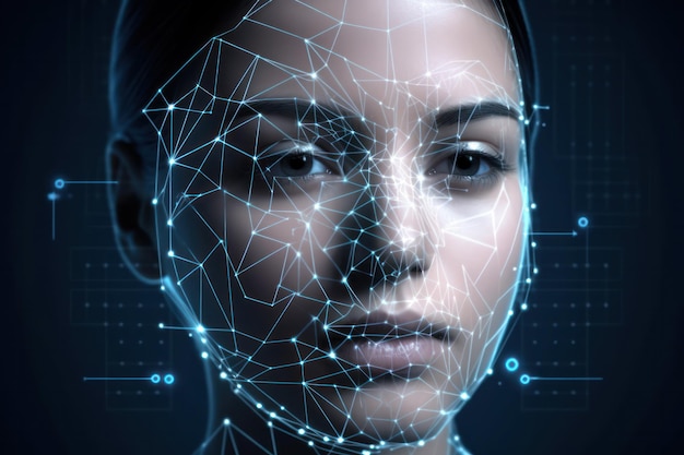 Concept of authentication by facial recognition woman face showing biometric identification