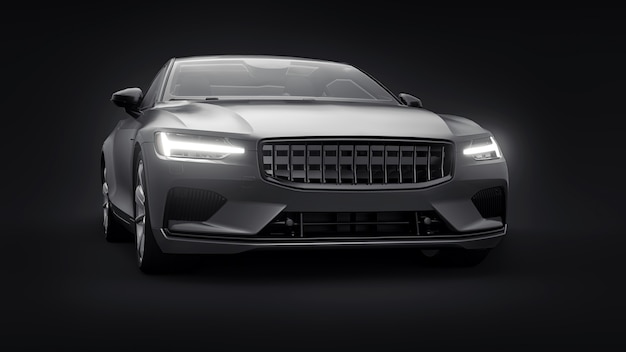 Concept auto sport premium coupe. Grijze auto op zwarte achtergrond. Plug-in hybride. Technologieën voor milieuvriendelijk vervoer. 3D-rendering.