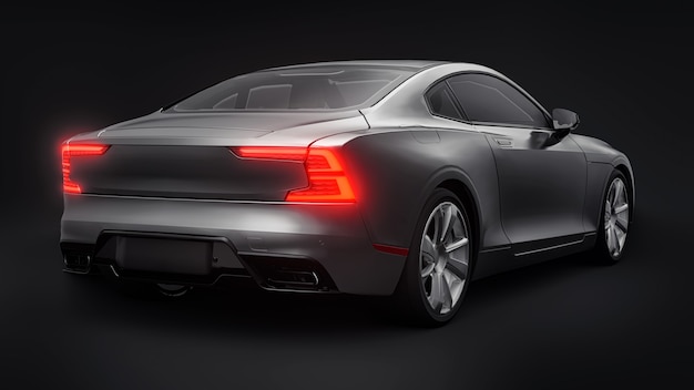 Concept auto sport premium coupe. Grijze auto op zwarte achtergrond. Plug-in hybride. Technologieën voor milieuvriendelijk vervoer. 3D-rendering.