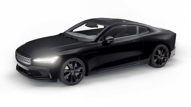 Concept auto sport premium coupe. Plug-in hybride. Technologieën voor milieuvriendelijk vervoer. Zwarte auto op witte achtergrond. 3D-rendering.