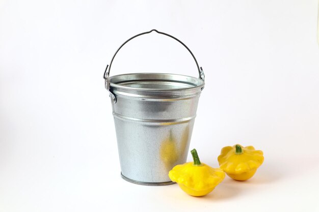 The concept of the autumn harvest Zinc bucket and yellow squash on a white background side view space for text