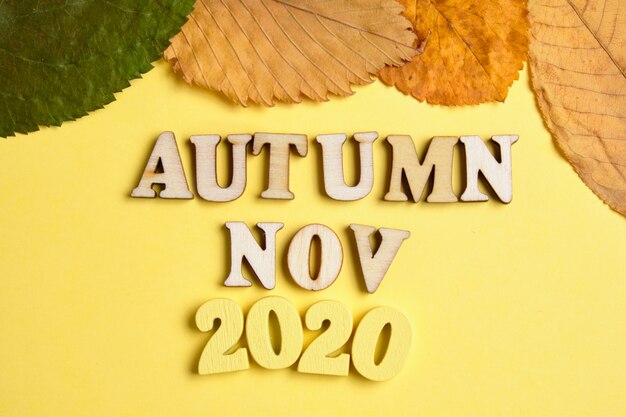 Photo the concept of autumn - november in the new year. wooden numbers 2020 with letters