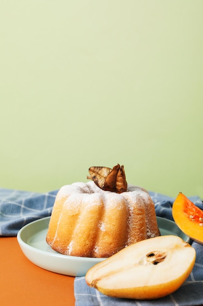 Concept of Autumn vibe food Pumpkin cake space for text