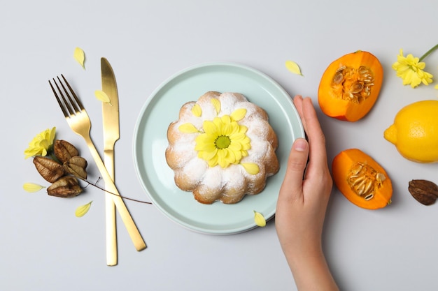 Concept of Autumn vibe food Pumpkin cake top view