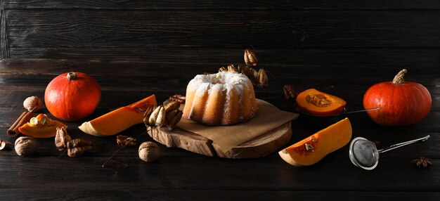 Concept of Autumn vibe food Pumpkin cake