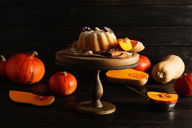 Concept of Autumn vibe food Pumpkin cake